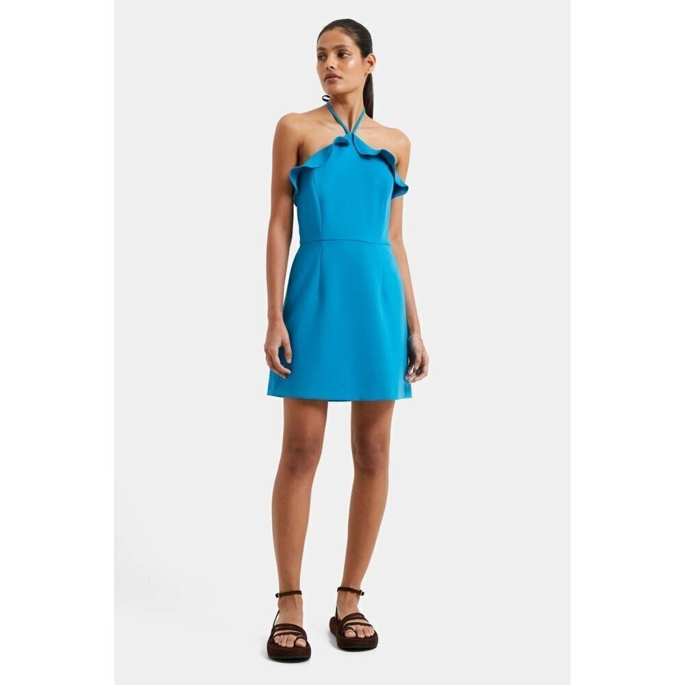 French Connection Whisper Ruth Ruffle Halter Neck Dress Mosaic BLue Women Size 8